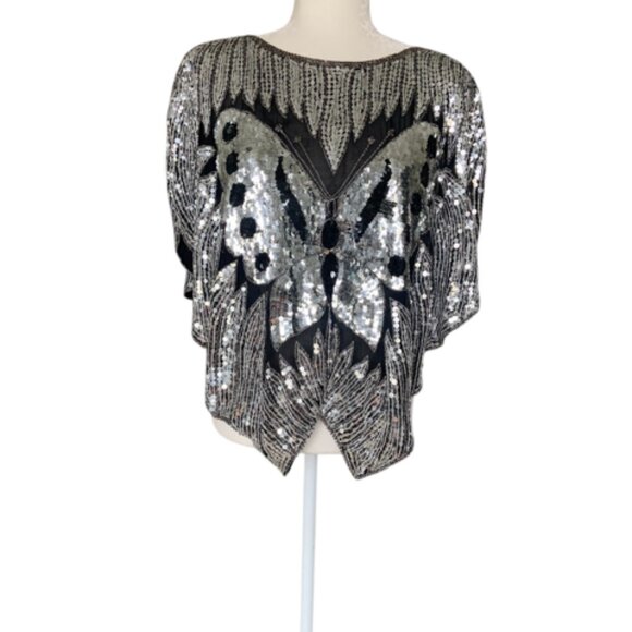 70's🦋Silk&Sequin Butterfly🦋Top - Black and Silver - Picture 7 of 7